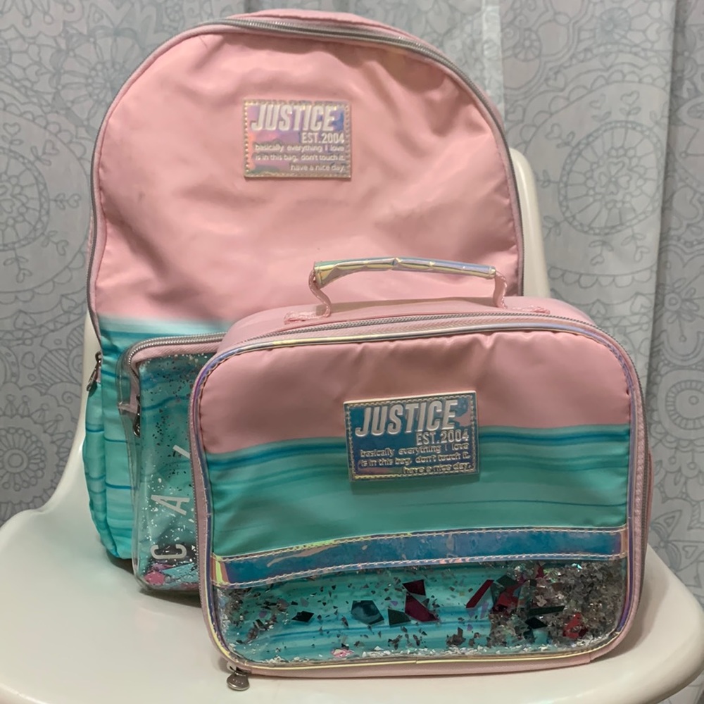 Justice Backpack & Lunchbox Lunch Bag Pink Aqua Girl - Picture 3 of 17
